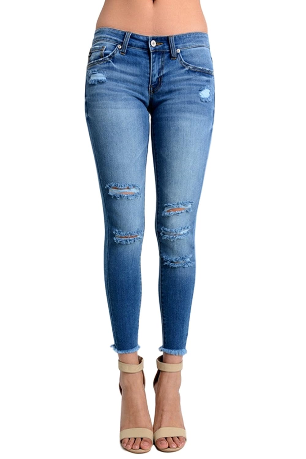 kancan 女式低腰破损修身牛仔裤 m 码牛仔裤 kc7096hrm 中号牛仔布 7