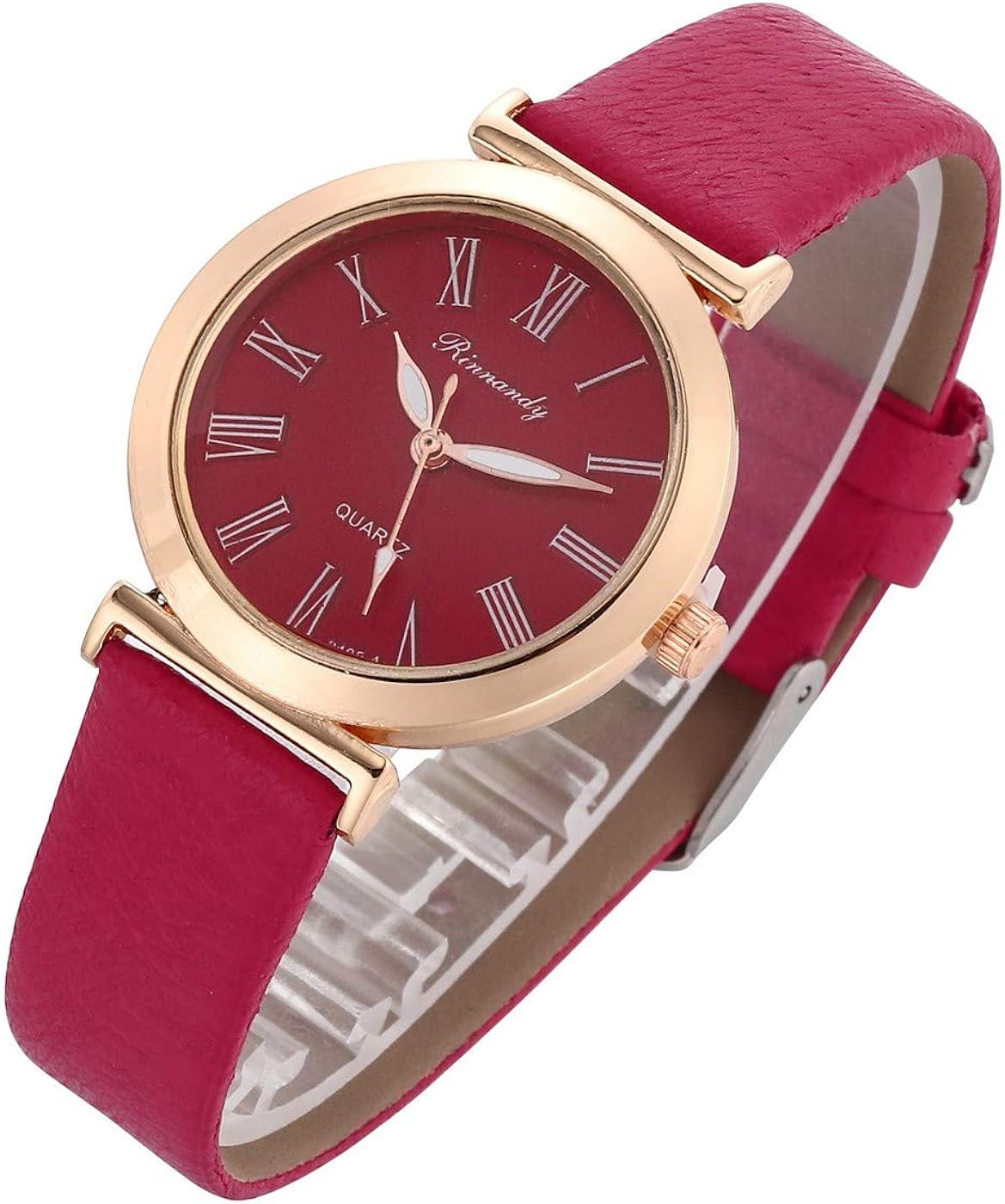 top plaza 女式红色皮革手表时尚休闲连衣裙手表玫瑰金表壳罗马数字