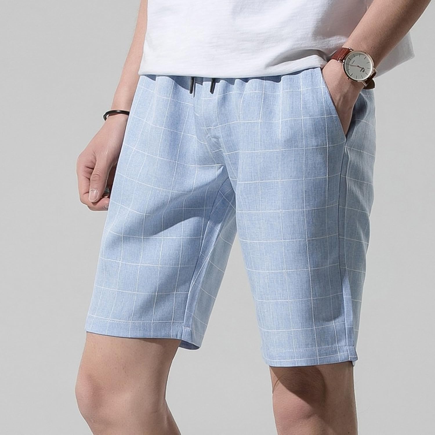 梵瑞贝依 五分裤韩版日系格子短裤男休闲裤白原宿暗纹五分大码中裤