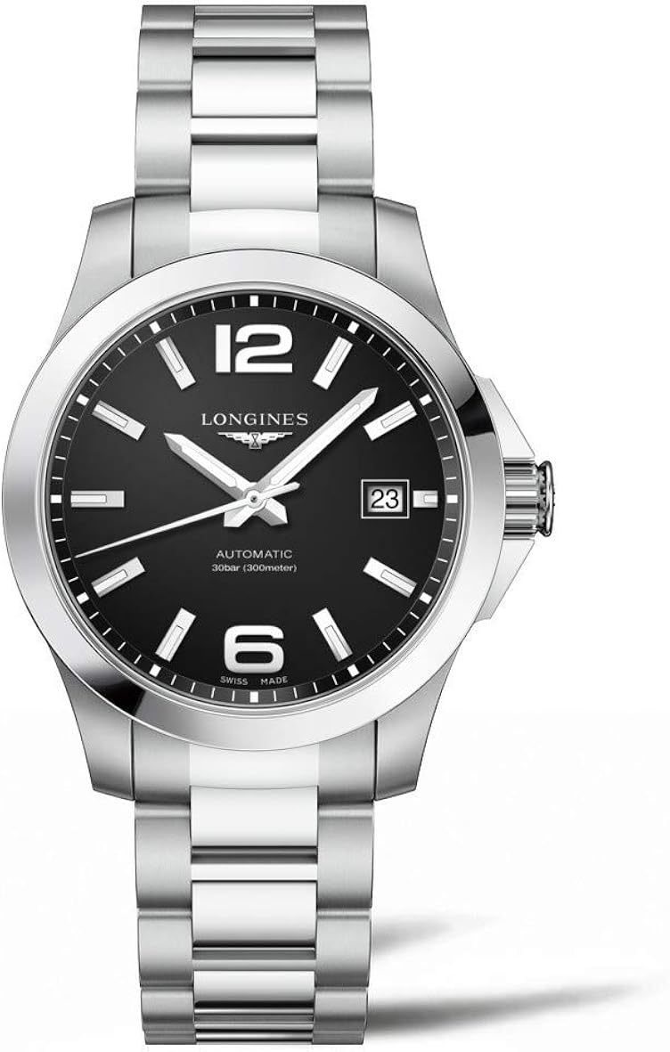 longines conquest 黑色表盘不锈钢自动男式手表 l3.776.4.58.