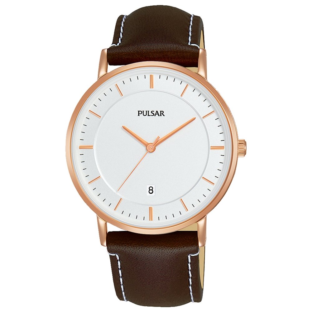pulsar 男式模拟经典石英手表皮革表带 pg8258x1