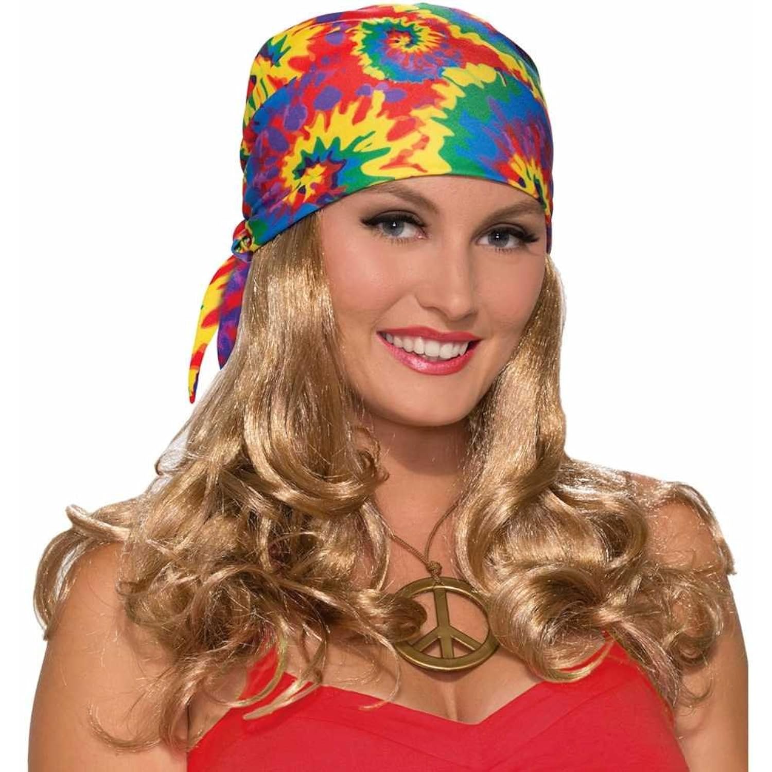 hippie tie-dye headscarf with curly blonde wig