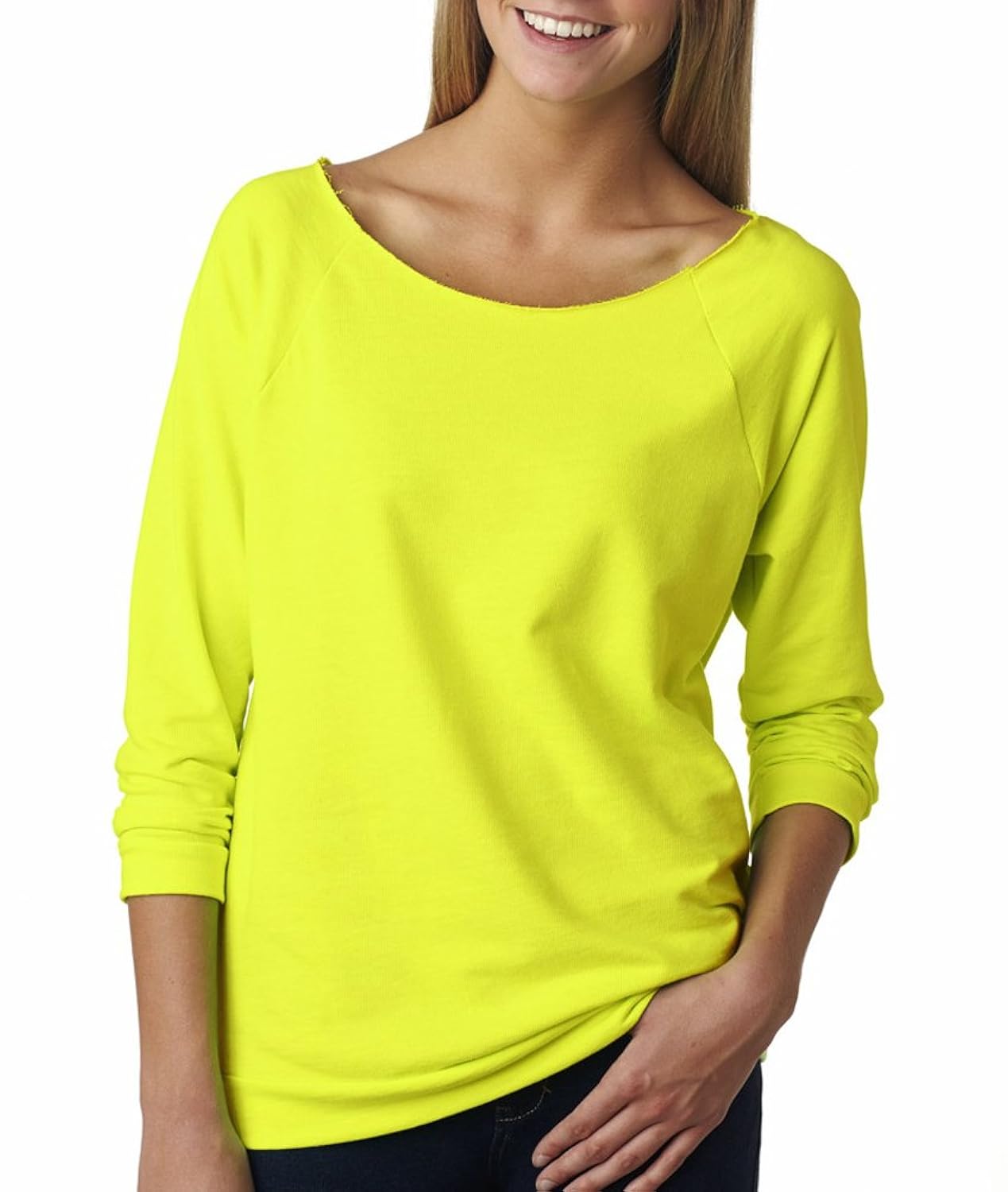 clementine womens terry raw-edge 3/4-sleeve raglan-neon yellow-m