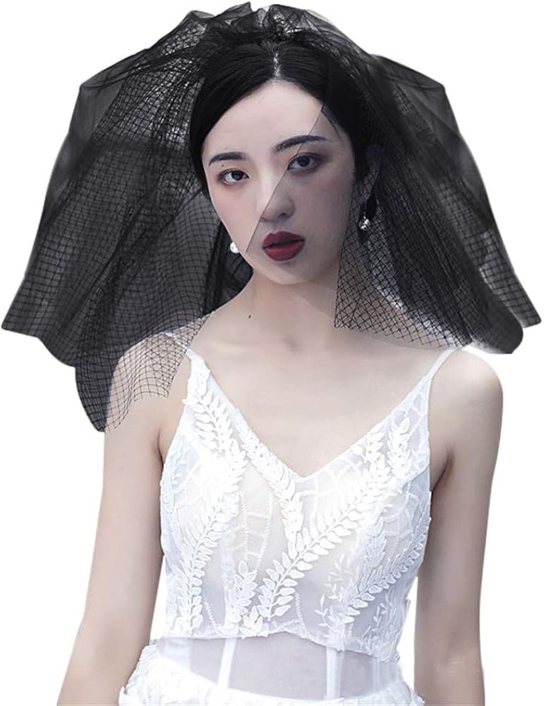 复古短款新娘头纱多层网眼面纱肩长带梳子鸟笼面纱黑色披肩头饰婚礼