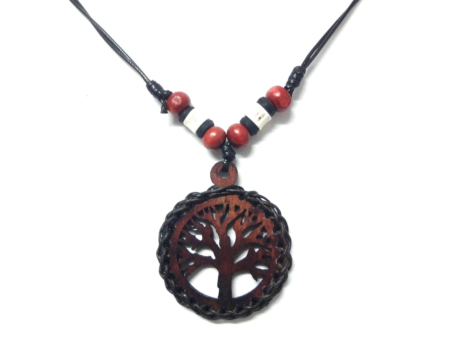 生命之树魅力木吊坠项链 手工风格可调节黑色绳