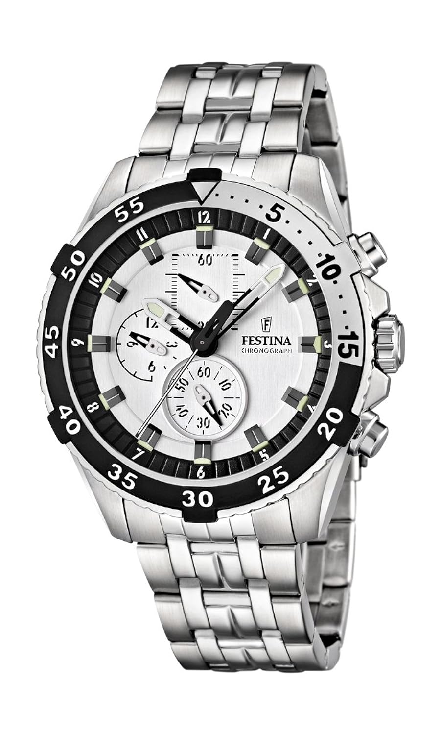 festina 男式石英手表白色表盘计时码表显示和银色不锈钢表链 f16603