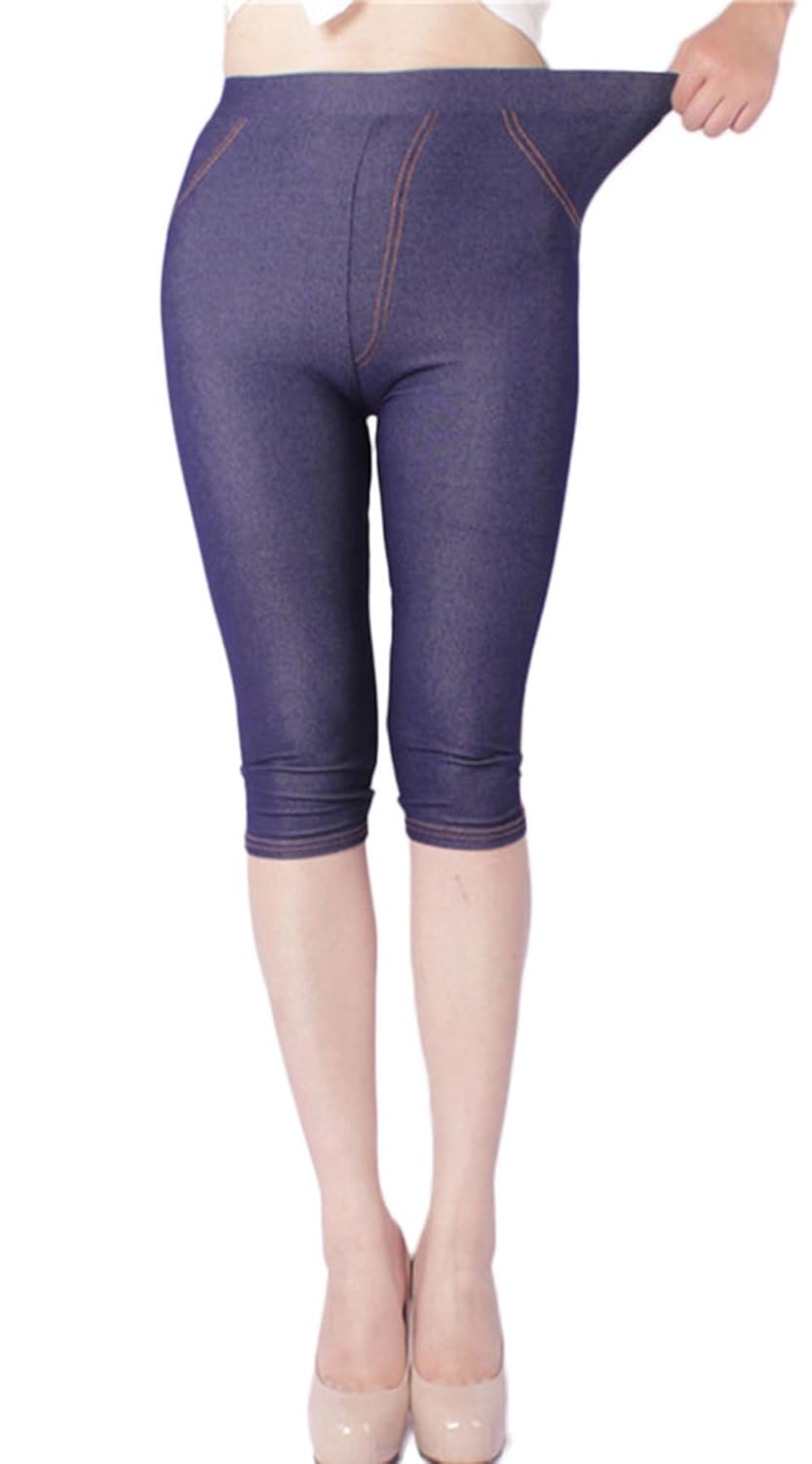 lanbaosi 女式弹力卡普里紧身裤带口袋加大码 3/4 棉牛仔布