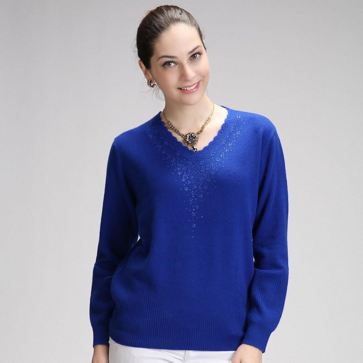 seasheep 秋冬女式v领山羊绒衫高端时尚毛衣针织衫 蓝色 xl