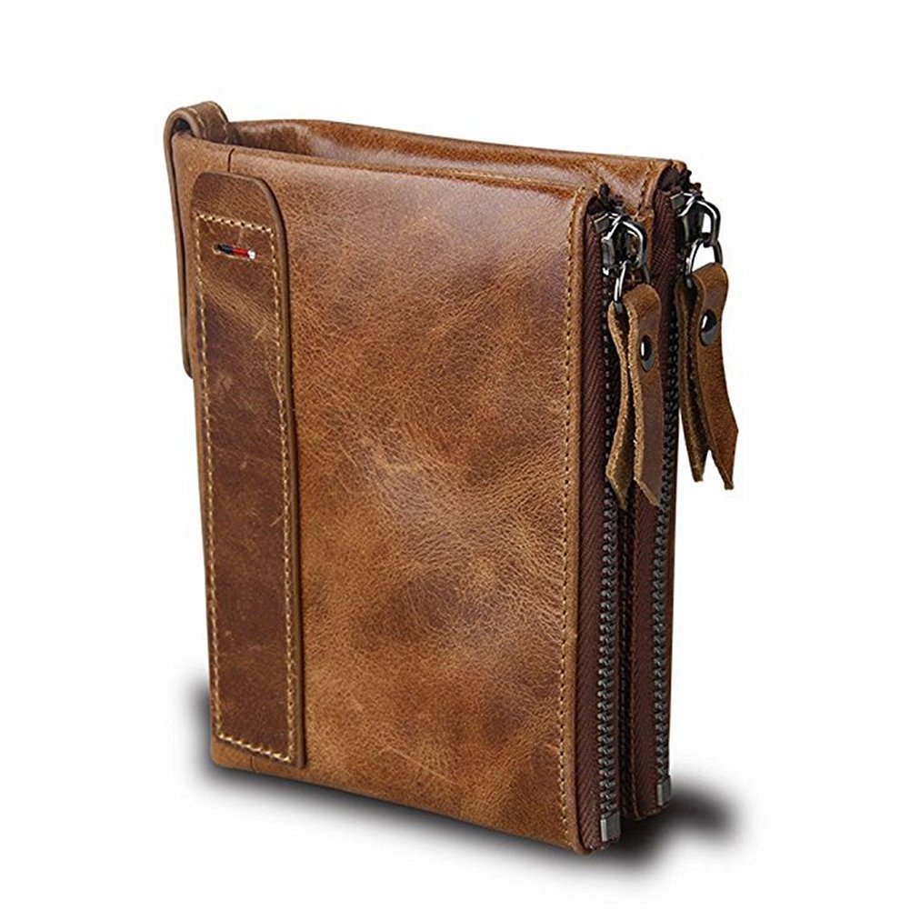 panmo 男式复古 rfid blocking 钱包疯马皮质短款零钱包双折