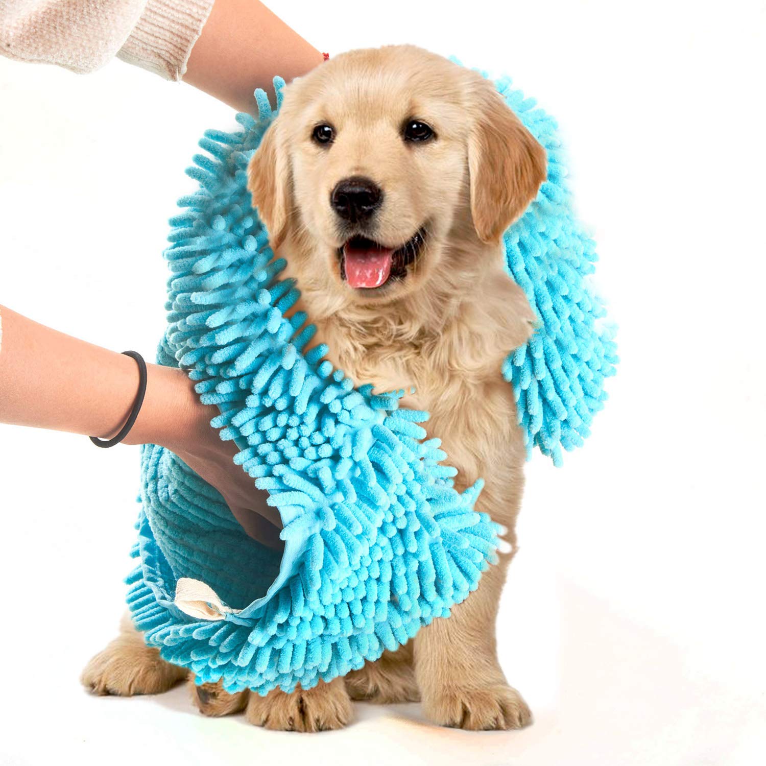 狗狗浴巾超吸水超细纤维雪尼尔柔软猫毛巾带手口袋防止泥土灰尘 蓝色