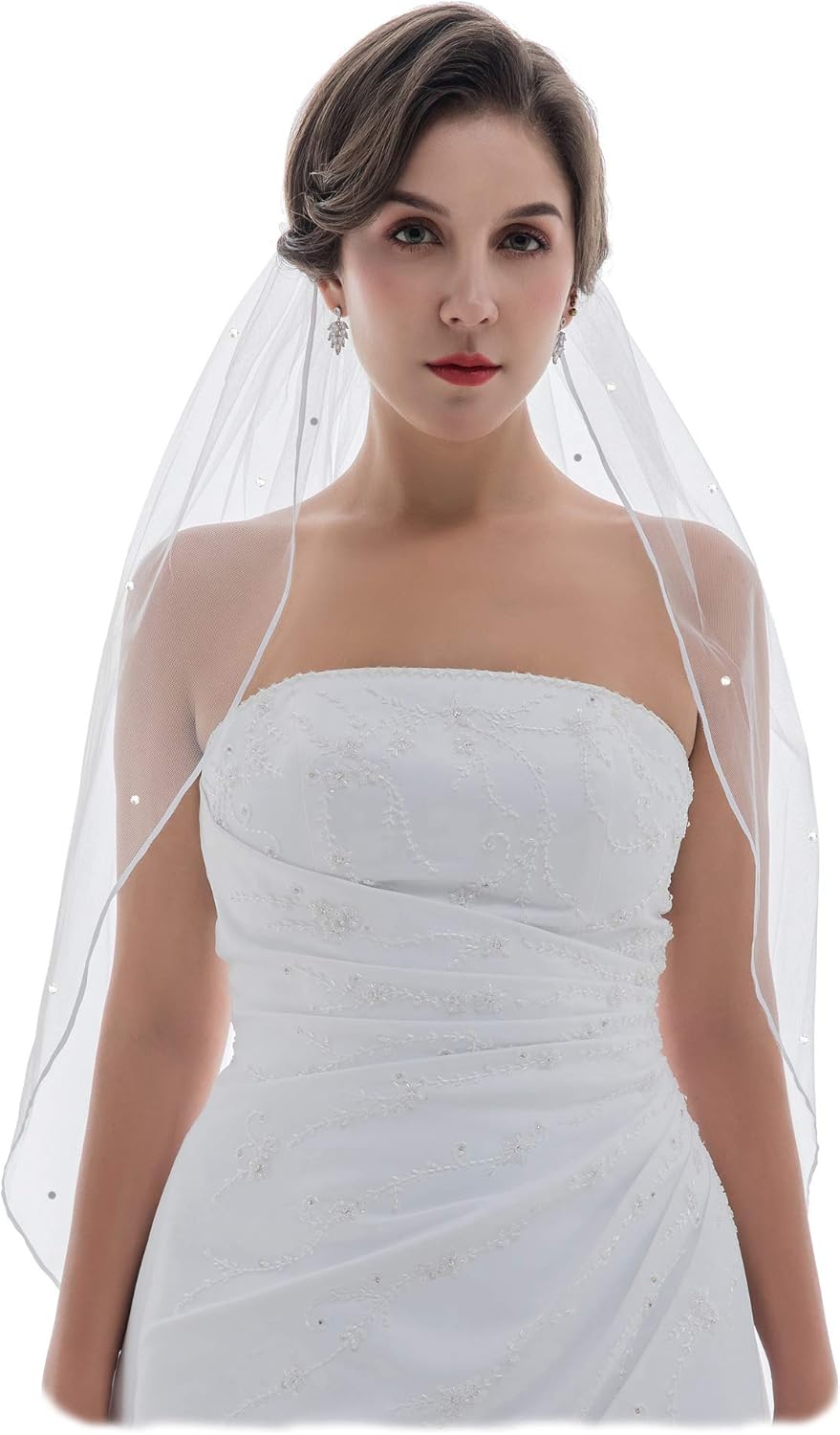 1t 1 层 0.32 厘米丝带边缘散射水晶新娘面纱肘长 76.2 厘米