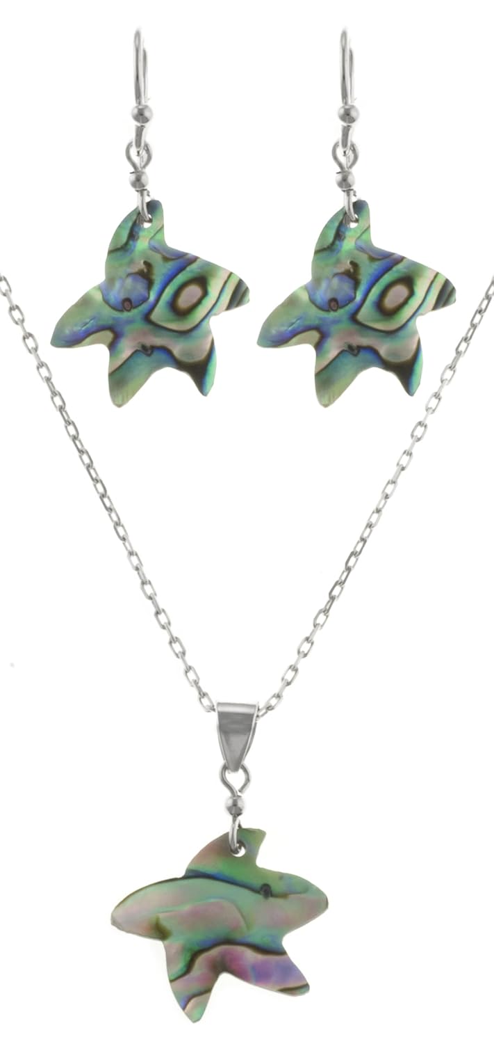 标准纯银 starfish-shaped 耳坠和吊坠项链套装,40.6 cm abalone