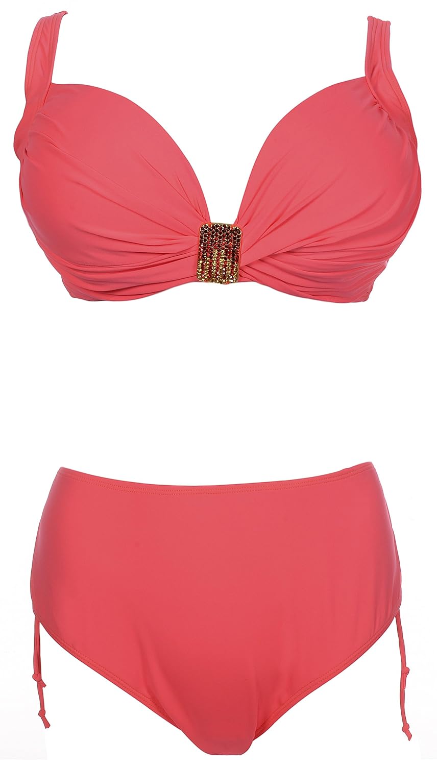 qzunique 女士加大纯色比基尼聚拢型宝石胸型可调节泳装泳衣 玫瑰红