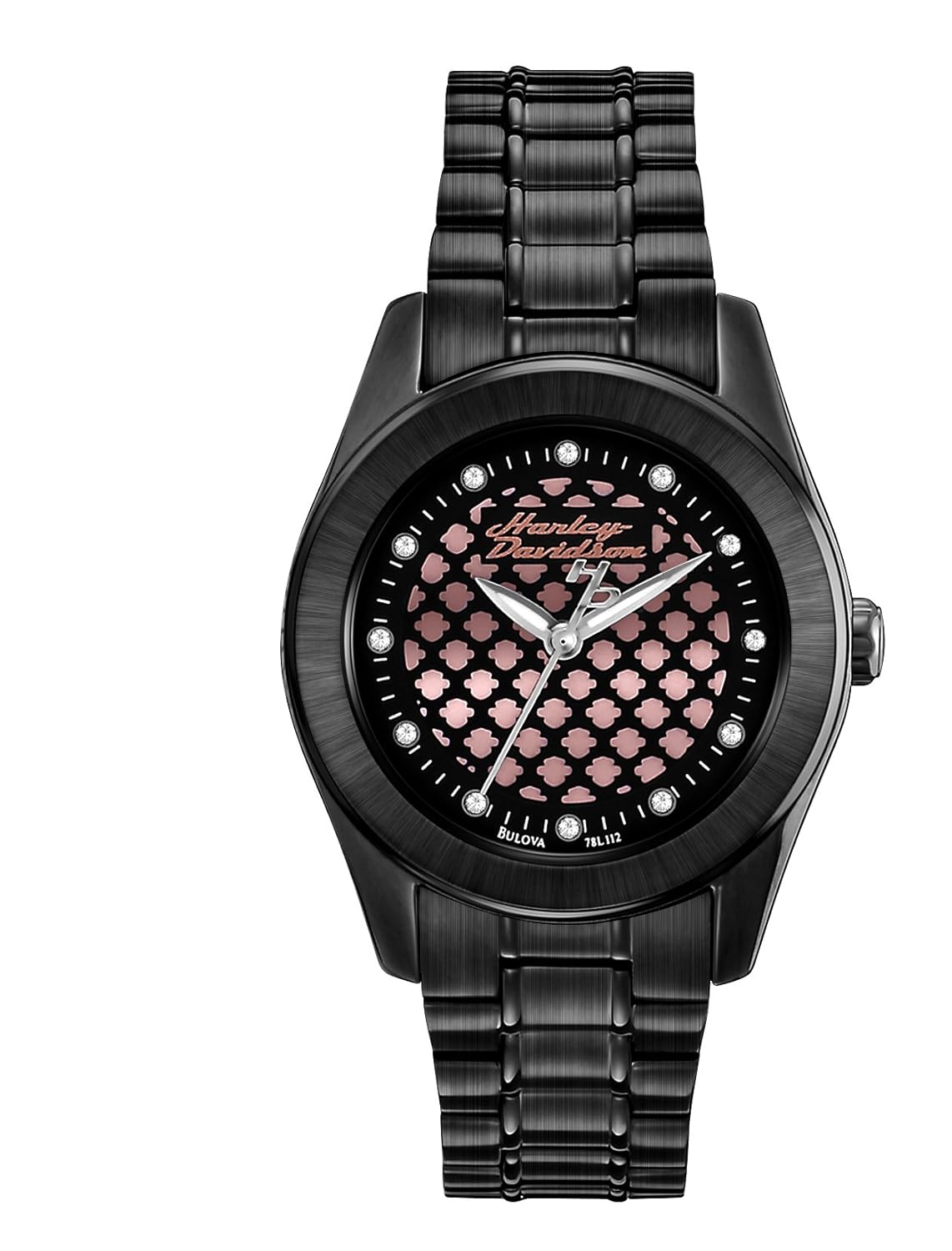 哈雷戴维森女式石英手表,黑色表盘 analogue 显示和黑色不锈钢镀金