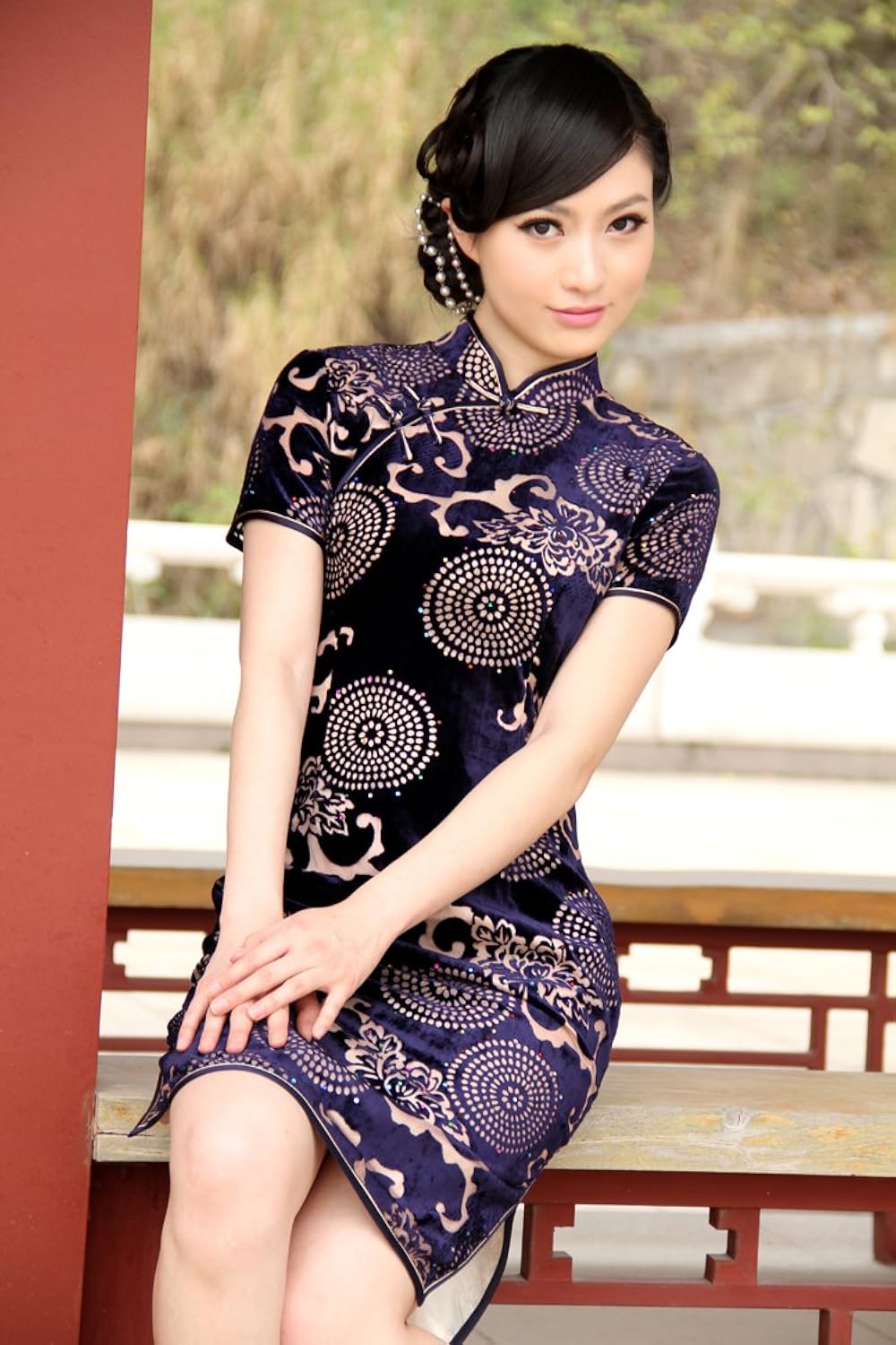 wind style 风姿韵 a598真丝烧花绒经典复古旗袍 (m, 紫花)