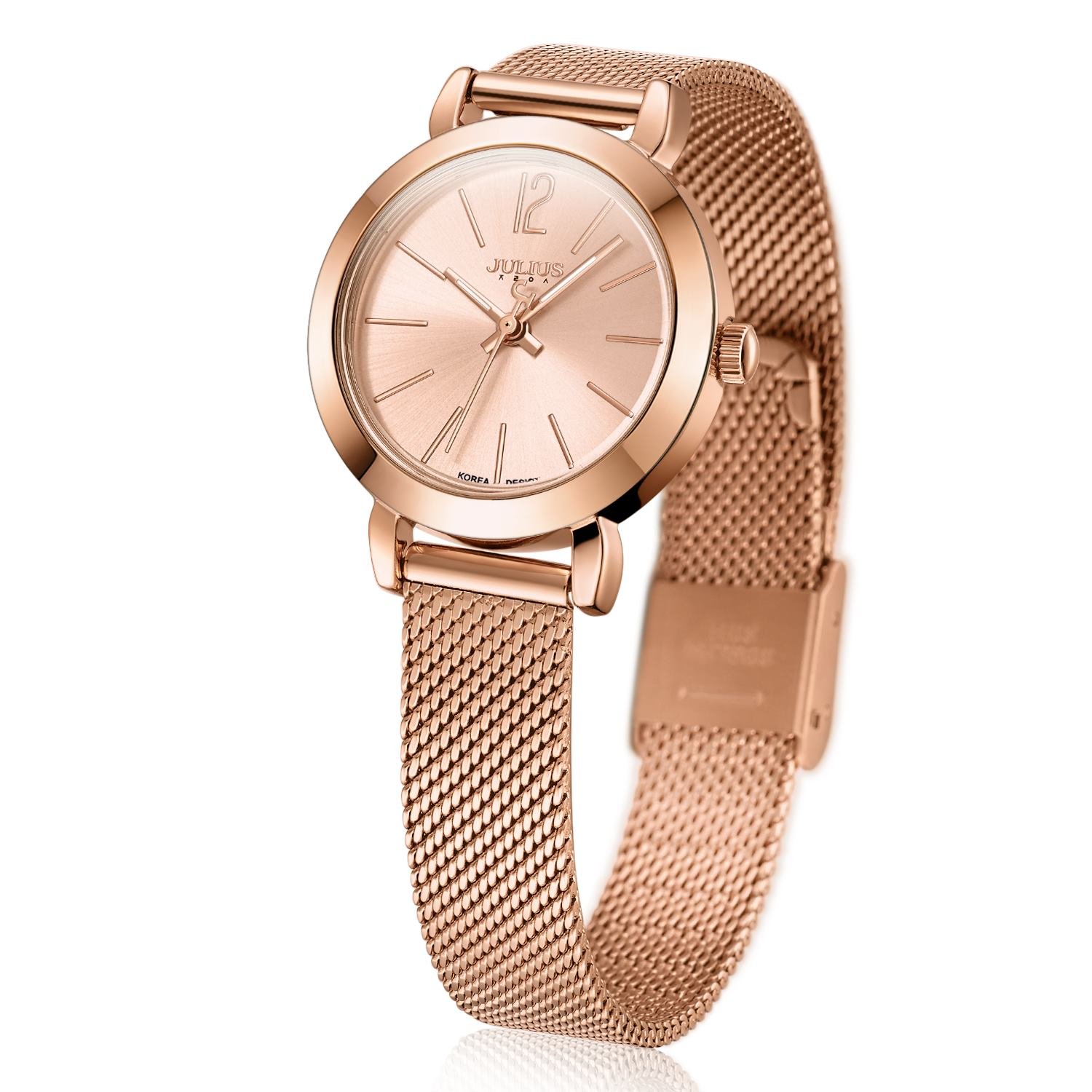 julius 女士玫瑰金网格不锈钢超薄时尚石英手表时尚优雅腕表