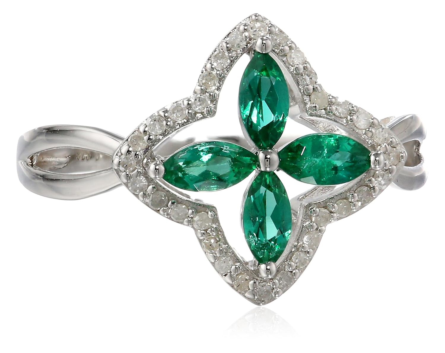 sterling silver created emerald and diamond cross ring (0.
