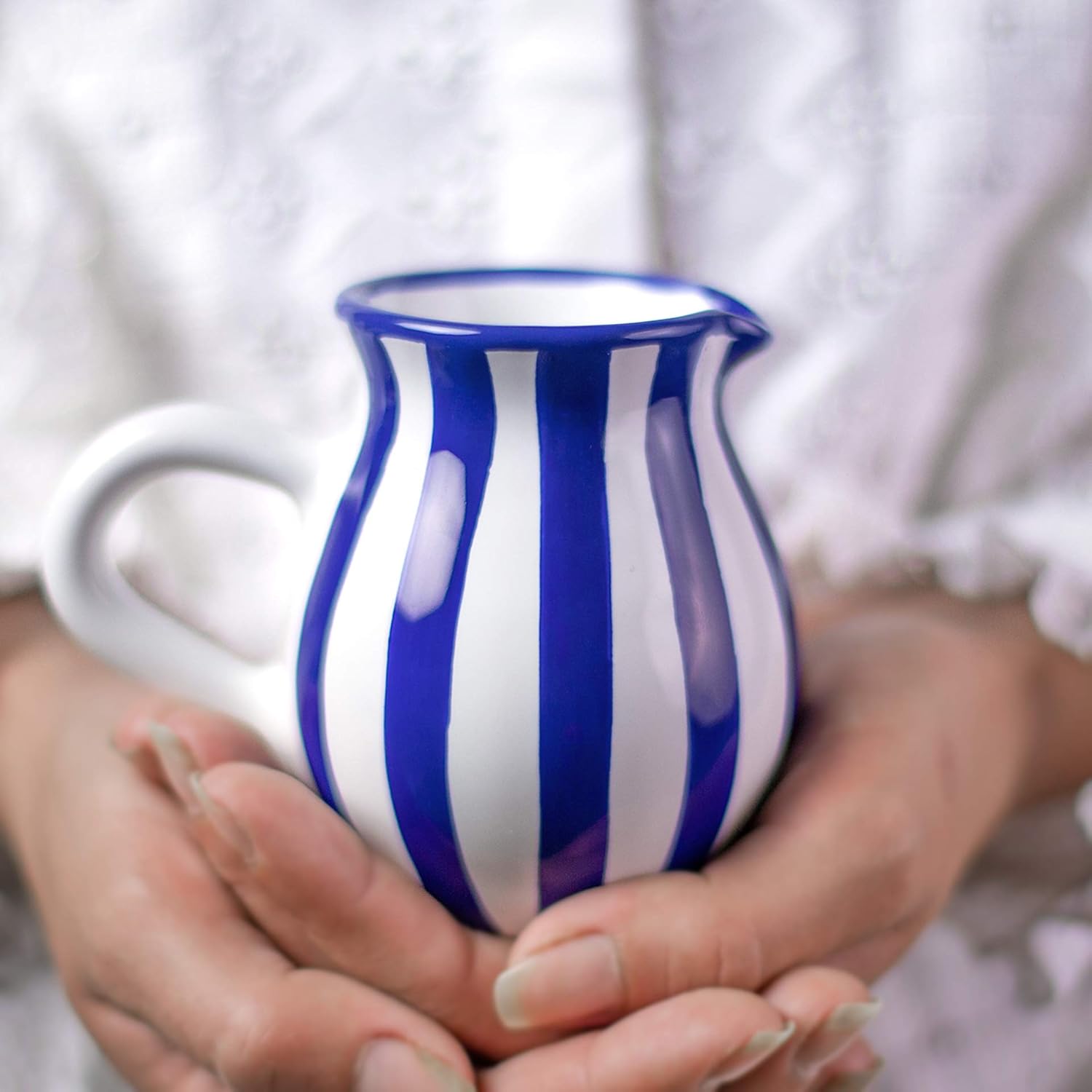 city to cottage 手工深*蓝条纹陶瓷奶油瓶,奶壶,啤*,壶壶,陶瓷乔迁