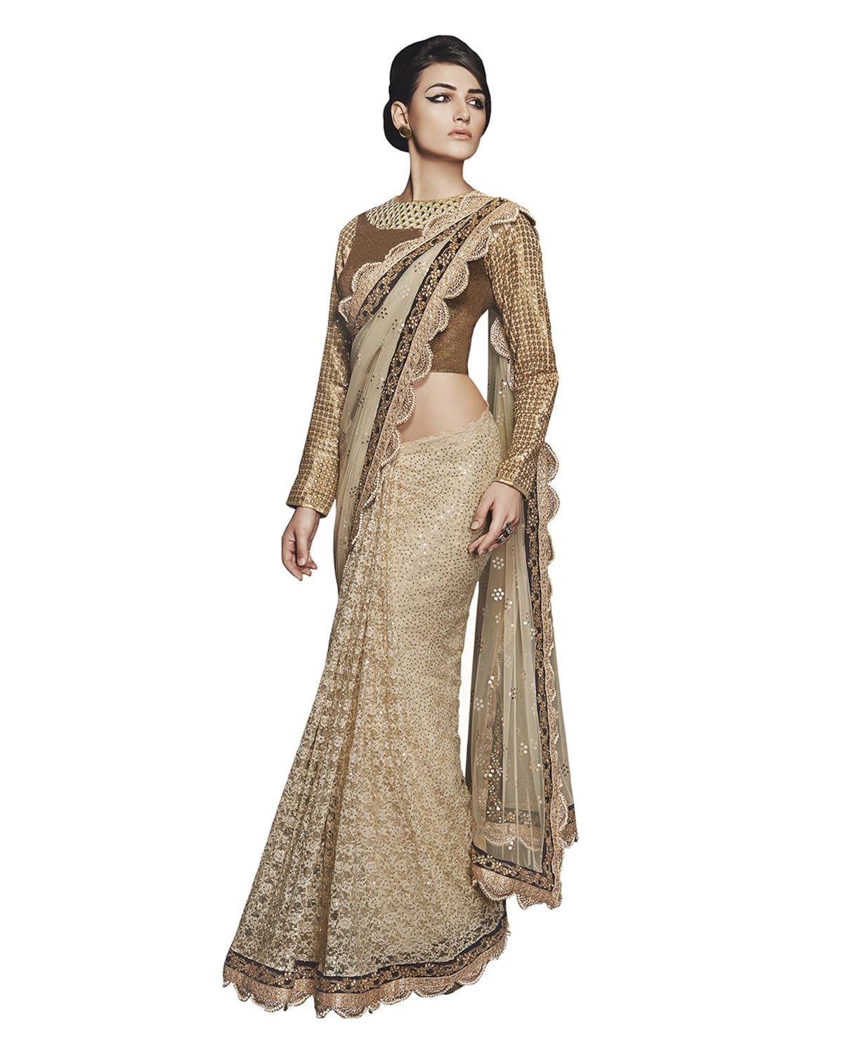 go 传统女式 net 纱丽 ( 白色 )