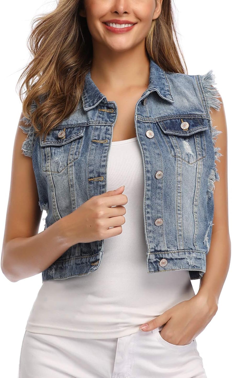 miss moly 女式牛仔背心做旧短款水洗经典牛仔夹克,w 胸部带盖口袋 a