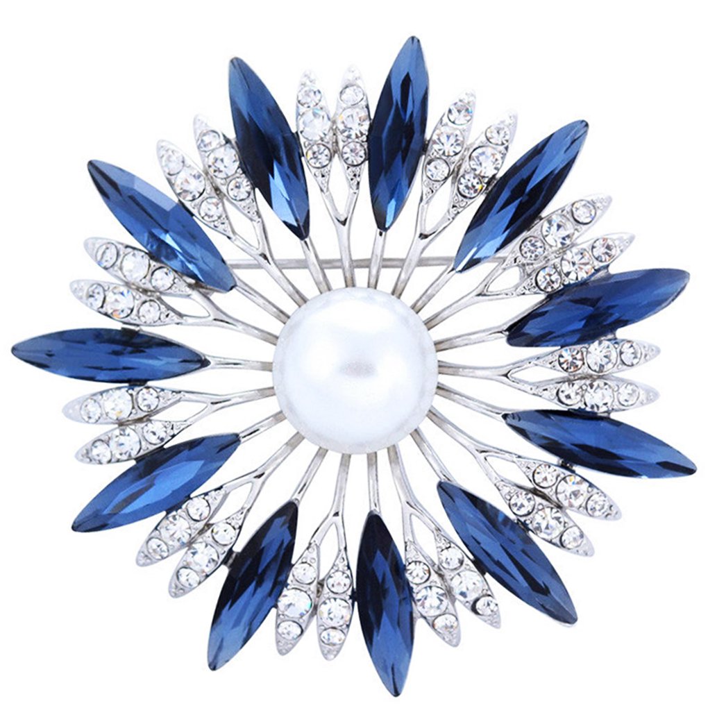 selovo 蓝色水晶花胸针仿珍珠银色