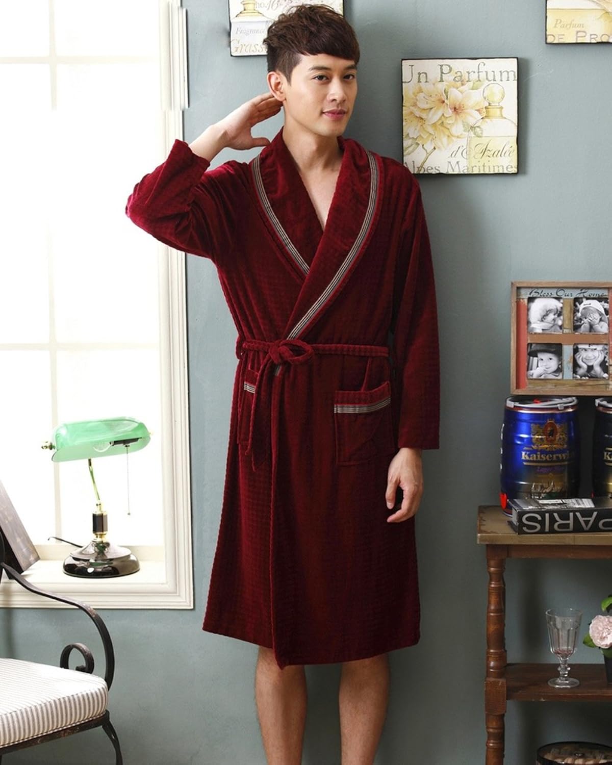 安之伴 秋季 针织插天鹅绒长袖男睡衣睡袍33c3102 第酒红 xxl