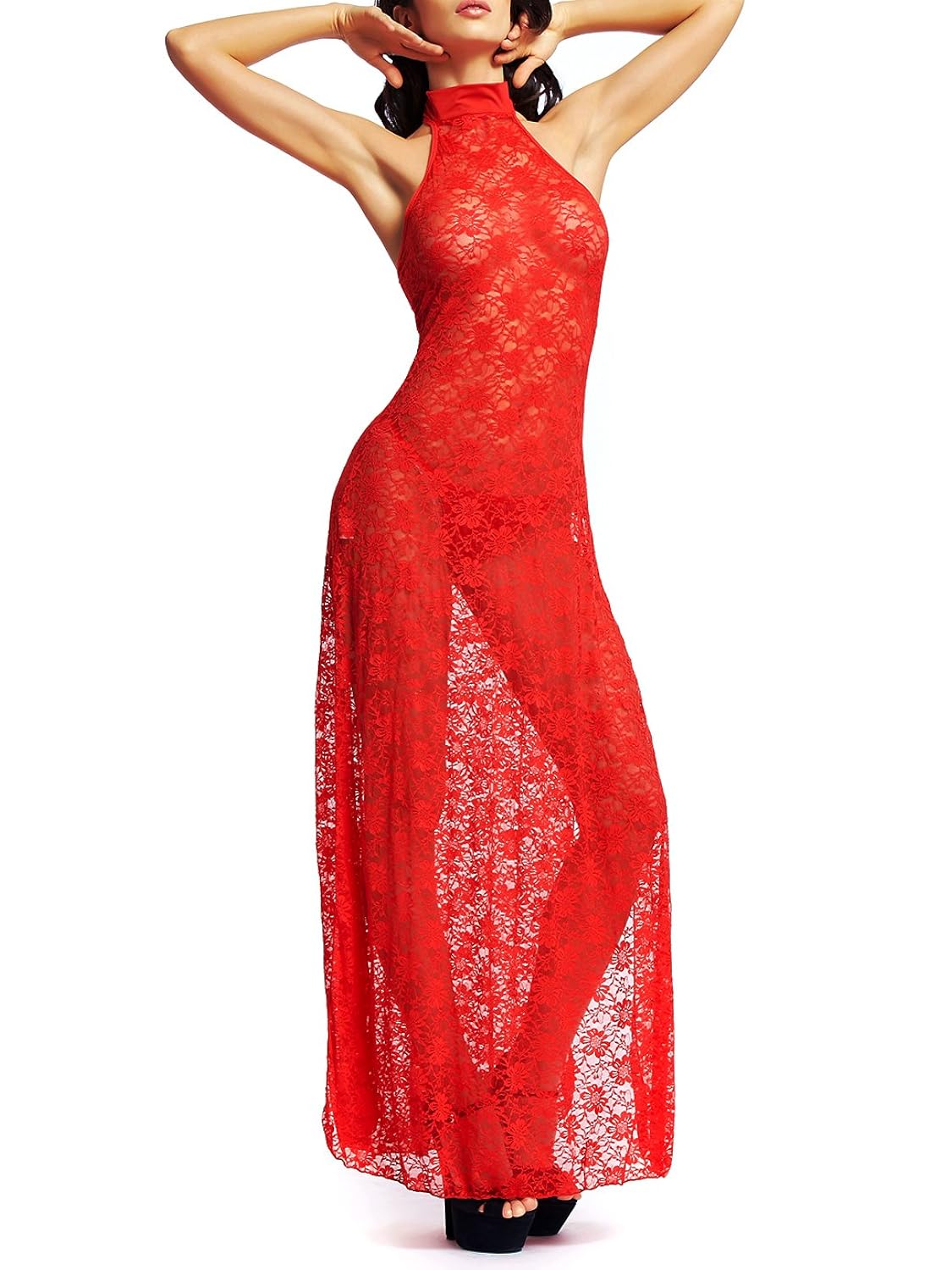 amoretu 女式花卉蕾丝内衣长旗袍侧面开叉礼服