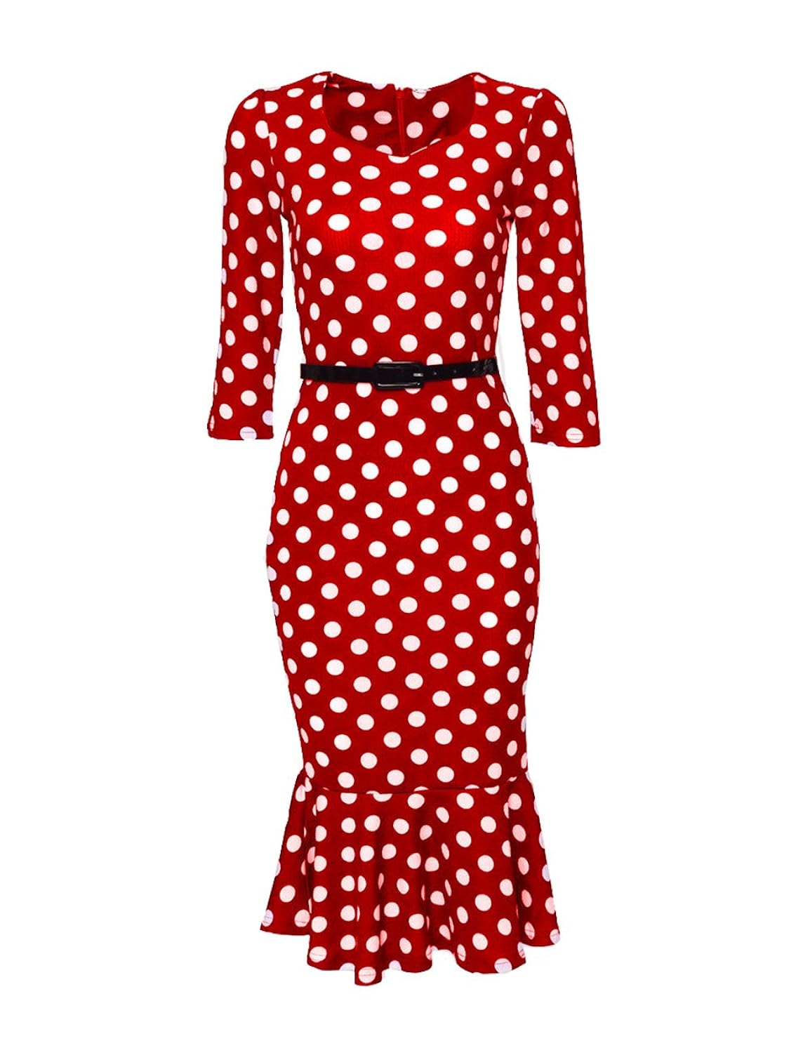bubblekiss 女式复古1950年代圆点美人鱼弹性茶话会紧身连衣裙 红色