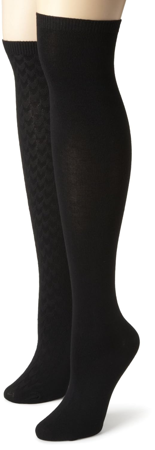 nine west 女式2件装 v 形纹理过膝袜 黑色 6-10.5 shoe