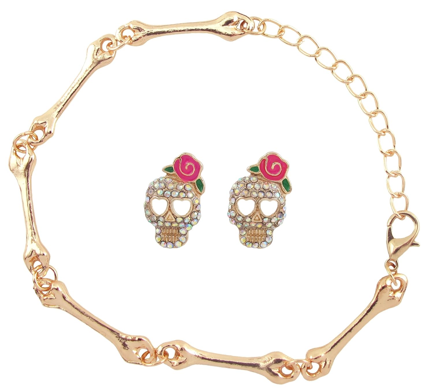 daisyjewel 万圣节 iridescent *圆形玫瑰骷髅头耳钉和骨头手链