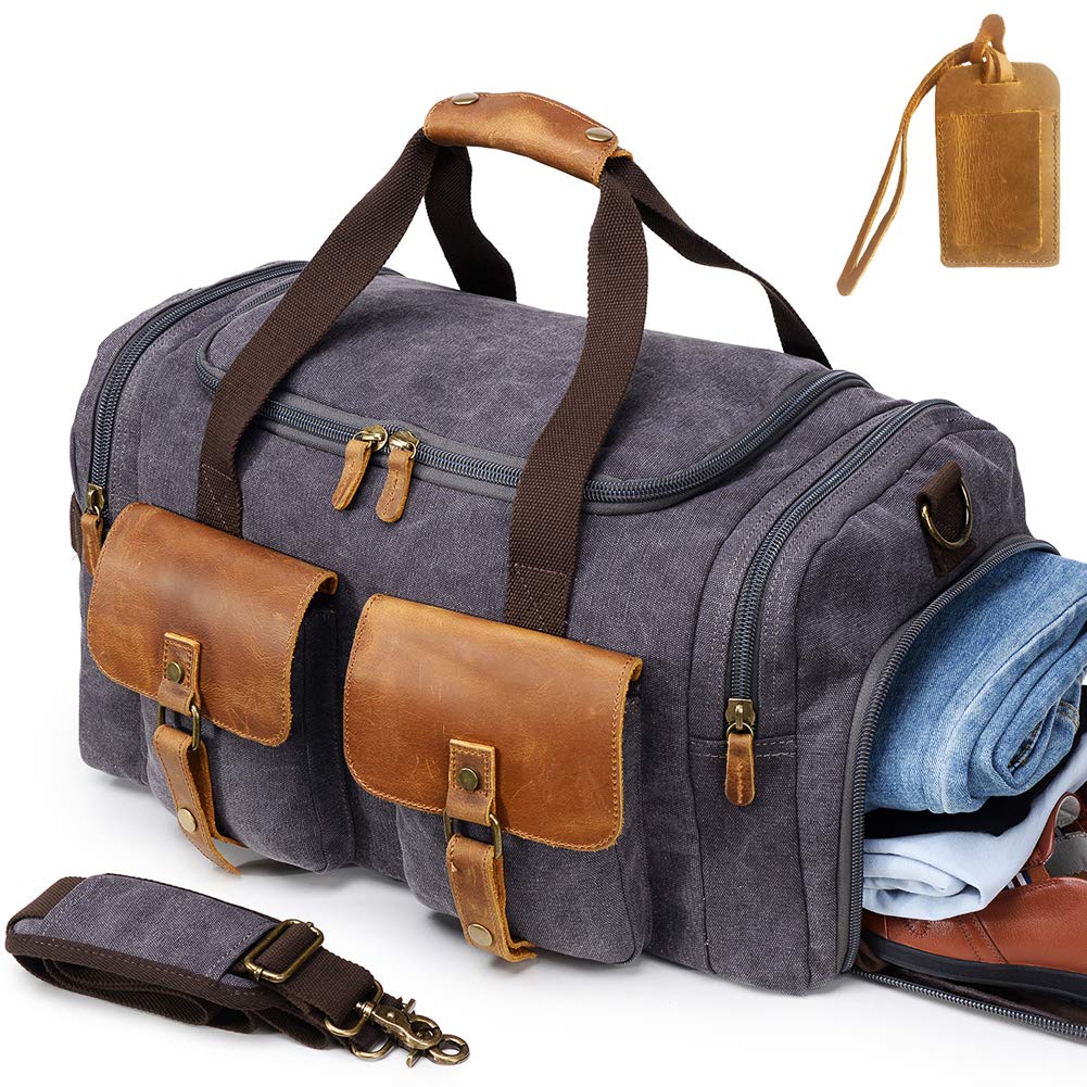 帆布旅行袋超大真皮装饰周末 bags for 男式和女式中性款