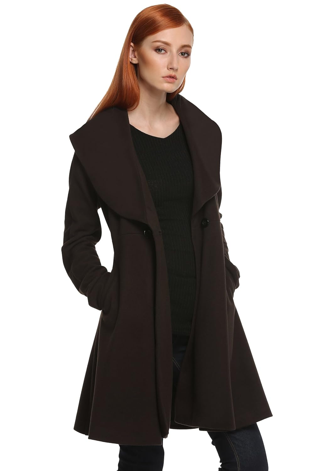 angvns 女士优雅修身连帽厚口袋羊毛风衣大衣,s 码,棕色