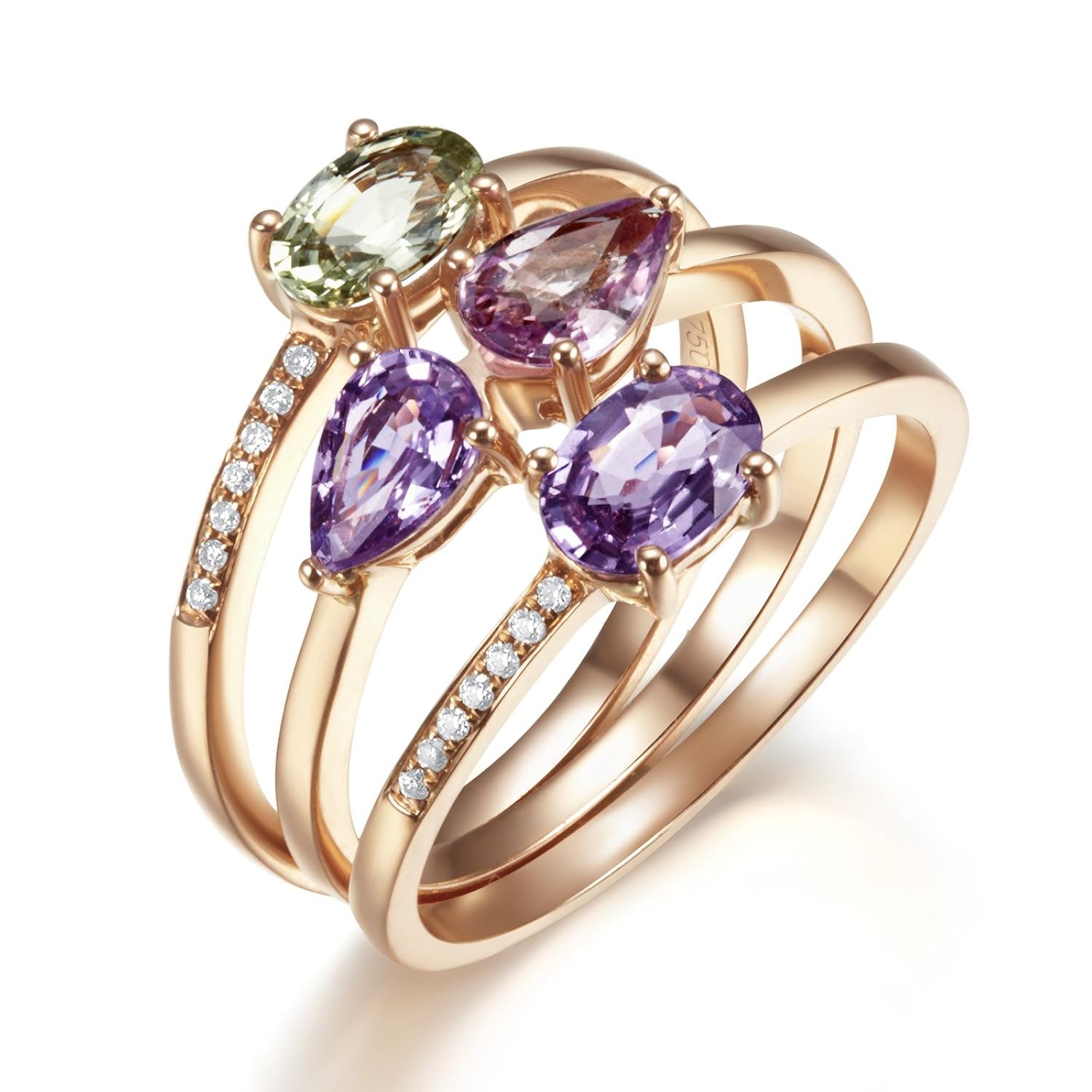 钰灵 金au750(18k)彩色蓝宝石镶钻石3件套装戒指-rd0104