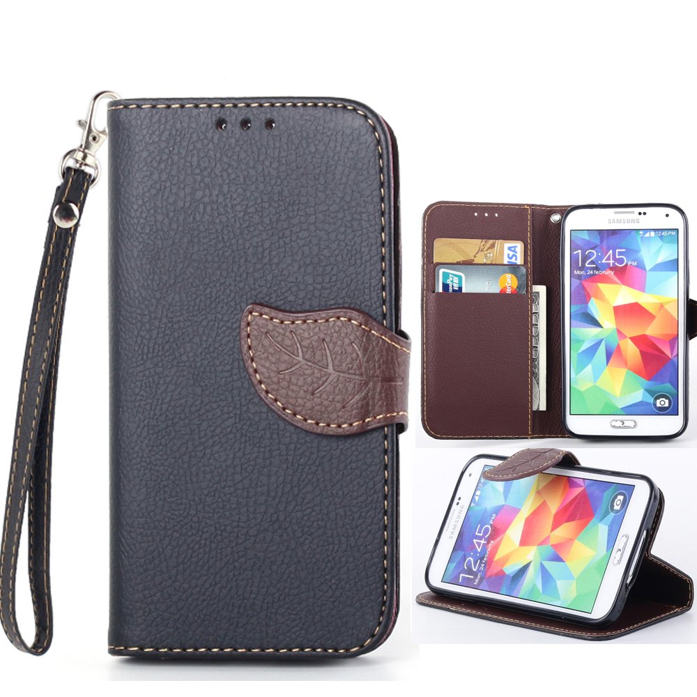 手机壳,galaxy s5 手机壳【黑色】 pu 皮革钱包翻盖手机壳带卡夹三星