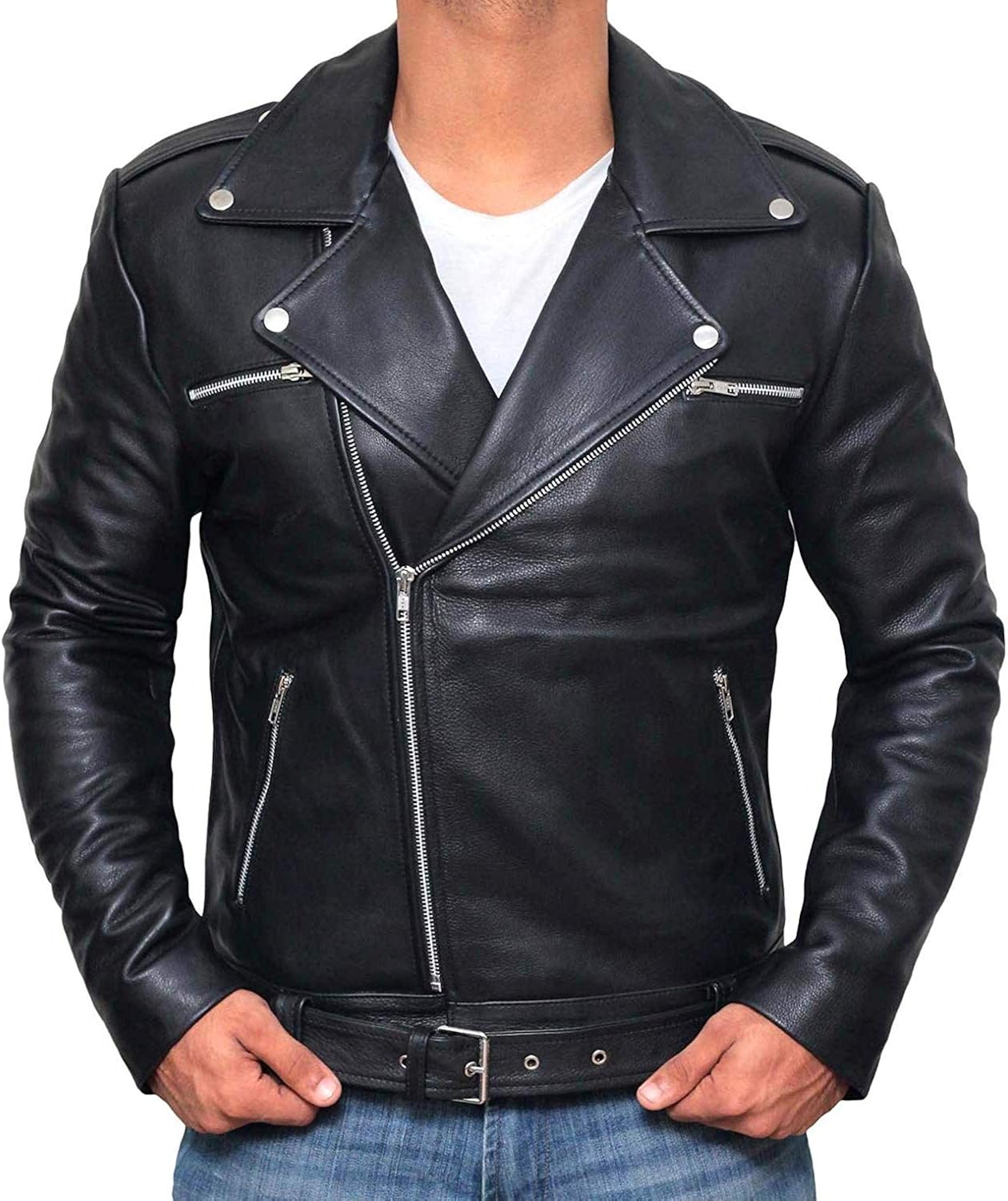 decrum 摩托车夹克男式 - 黑色修身机车皮夹克男式