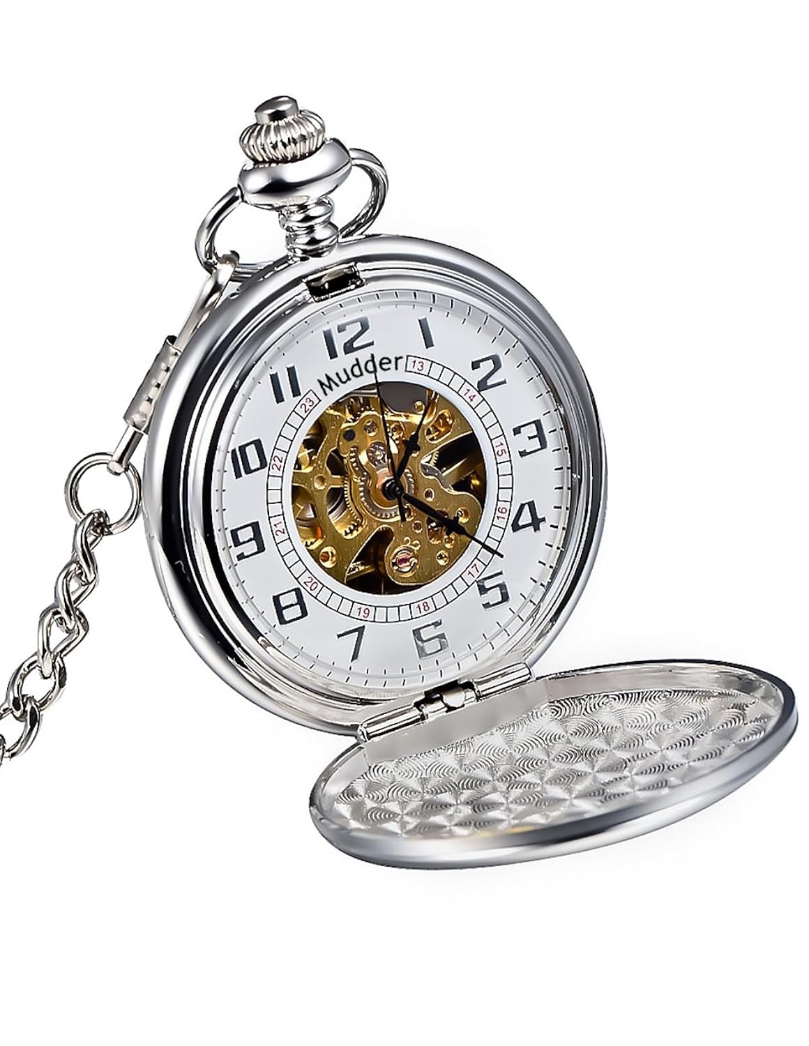 mudder 经典光滑的表面银色机械怀表带链