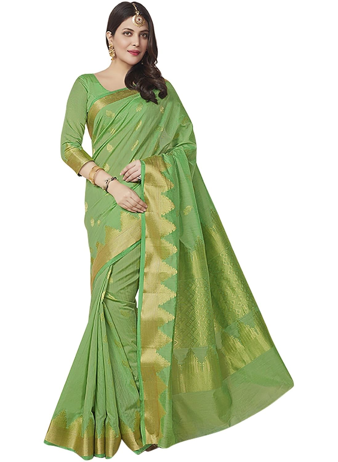 indusdiva 女式绿色 mercerised 棉质纱丽