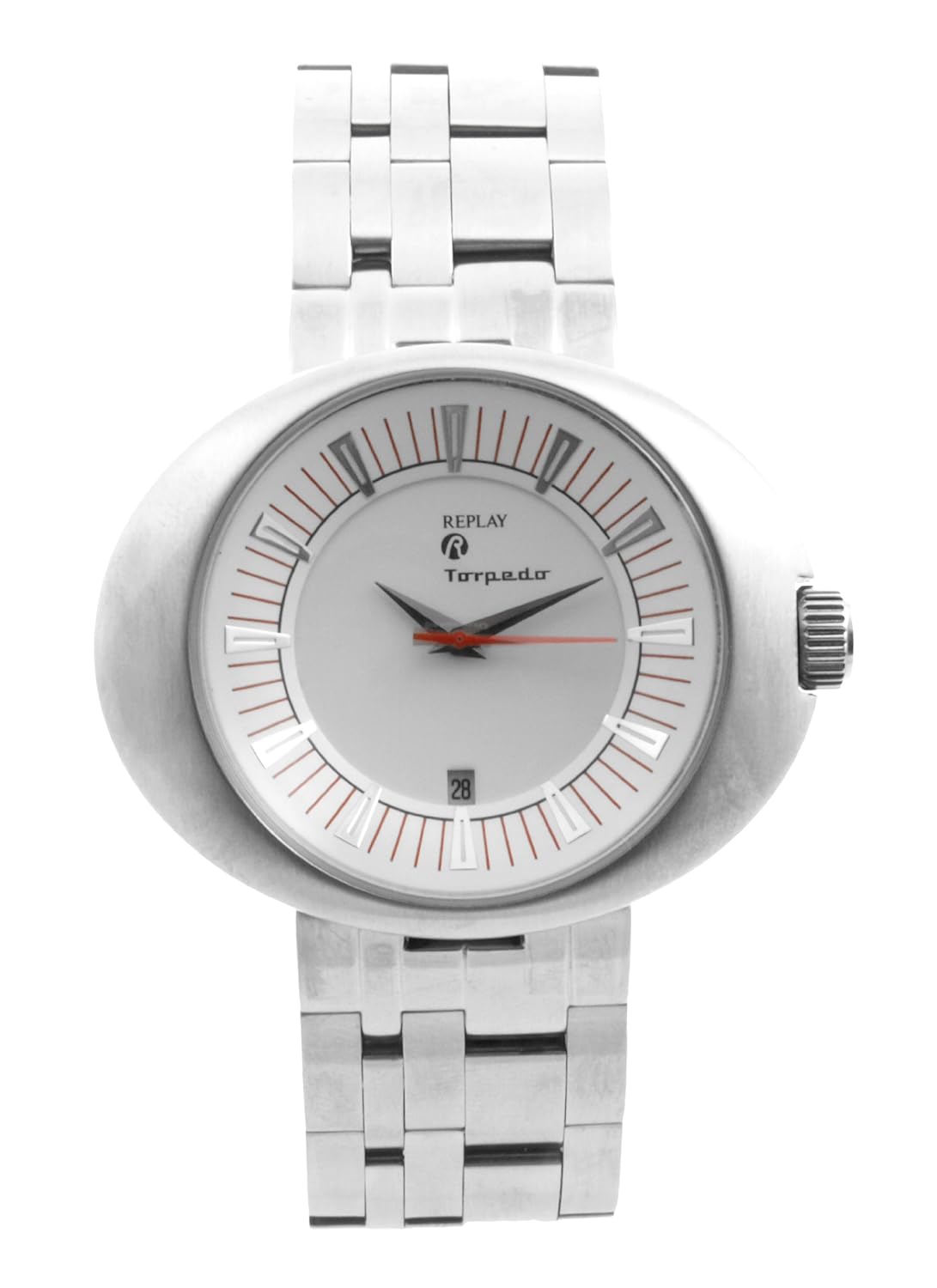 replay rm5201bh 男式模拟石英手表带日期指示器和银色金属手链