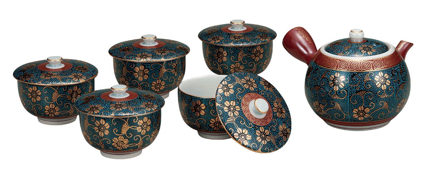 九谷烧 带盖茶具 套装 青粒 k4-801