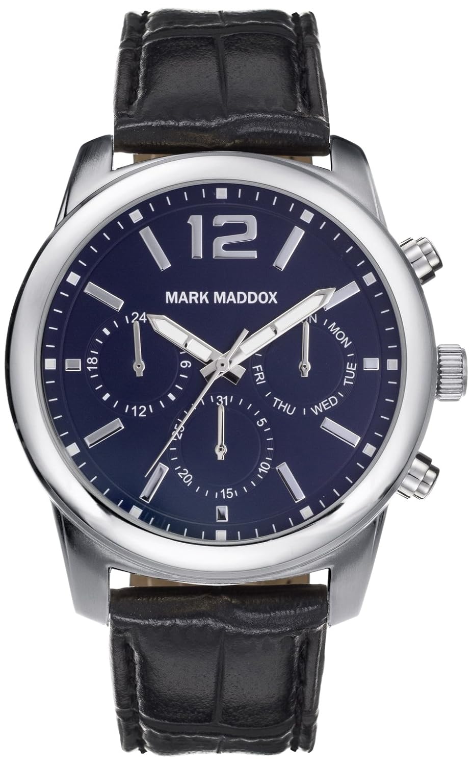 mark maddox 男式石英手表蓝色表盘计时码表显示和黑色 pu 表带 hc