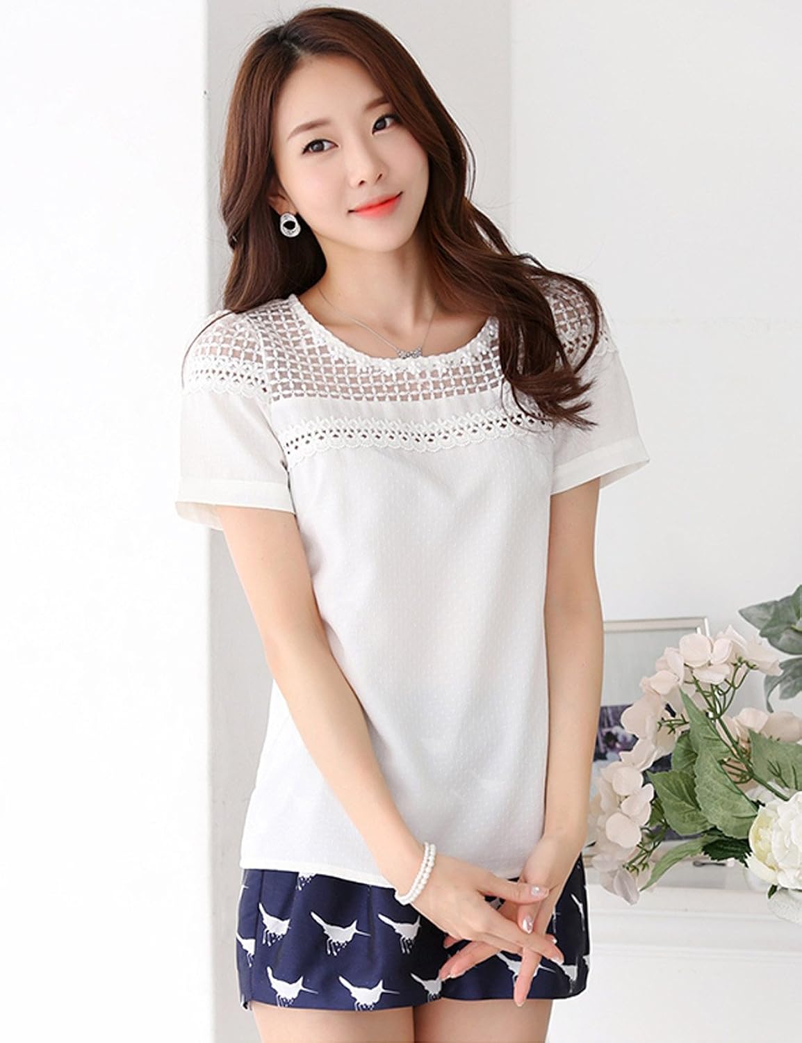 susamaki 苏纱玛祺 雪纺衫女短袖t恤2015夏欧根纱潮镂空钩花女士蕾丝