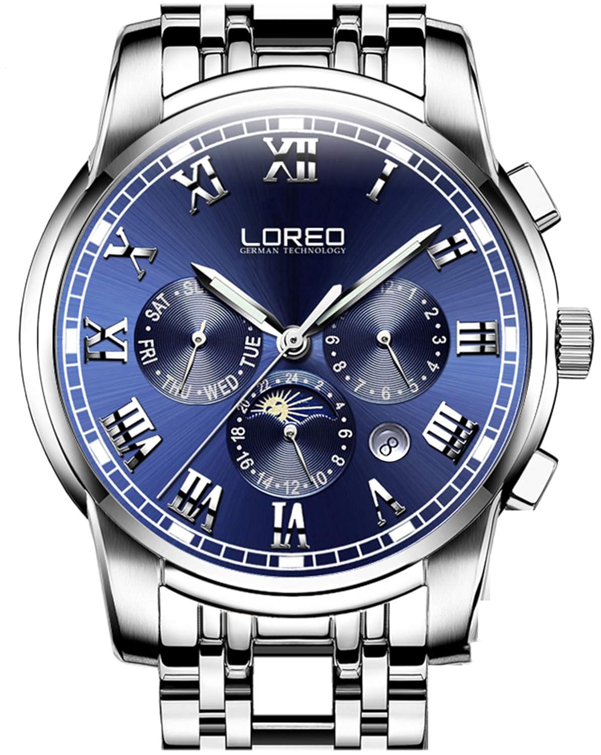loreo 男士自动多功能银色不锈钢蓝宝石玻璃防水蓝色男式手表