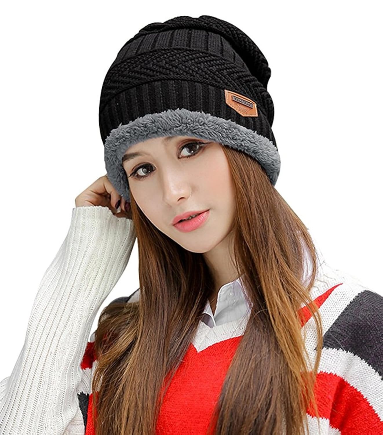 kafeimali 女式无檐小便帽帽子围巾套装针织保暖加厚冬季雪地头骨无沿