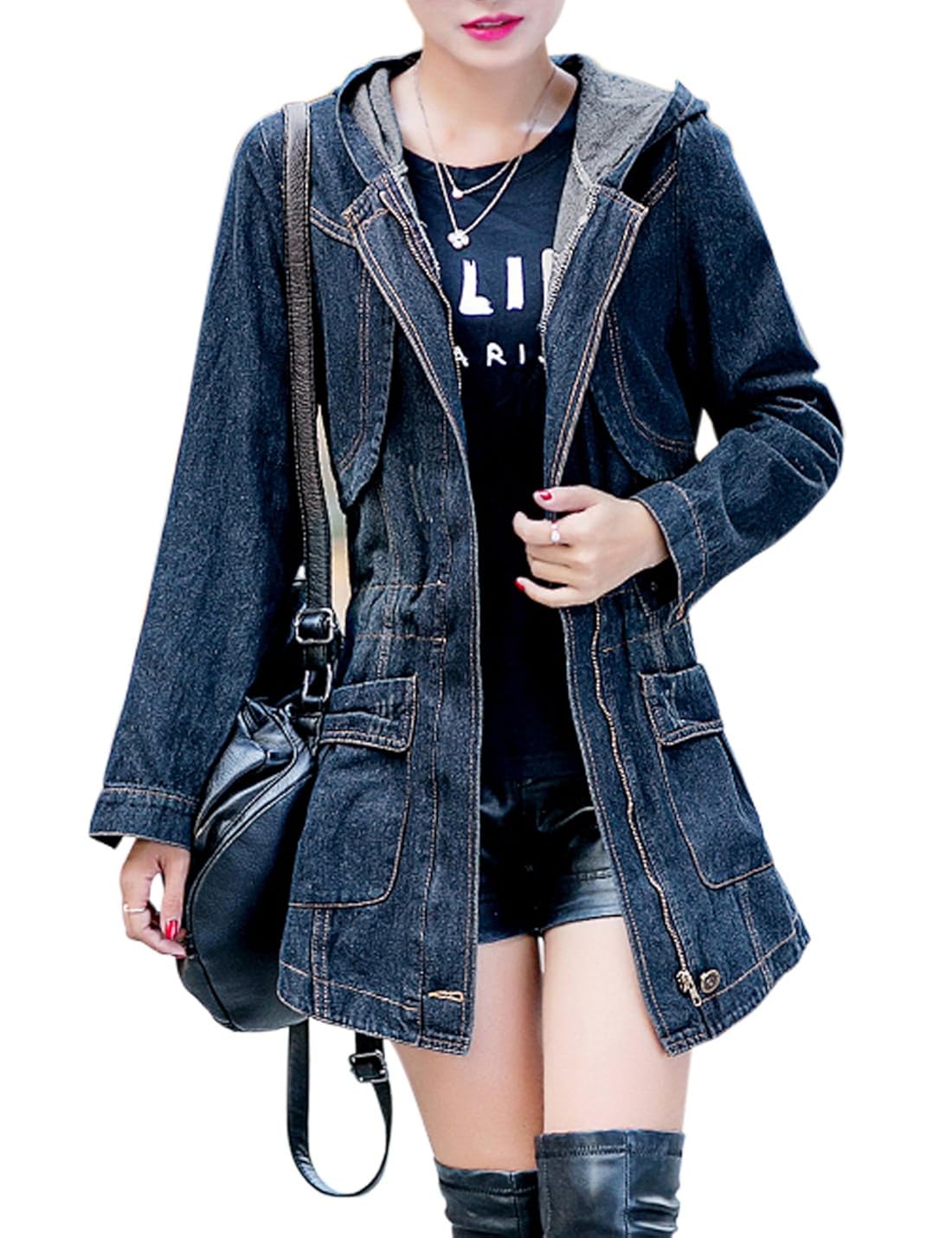 tanming 女式休闲中长款连帽牛仔夹克外套