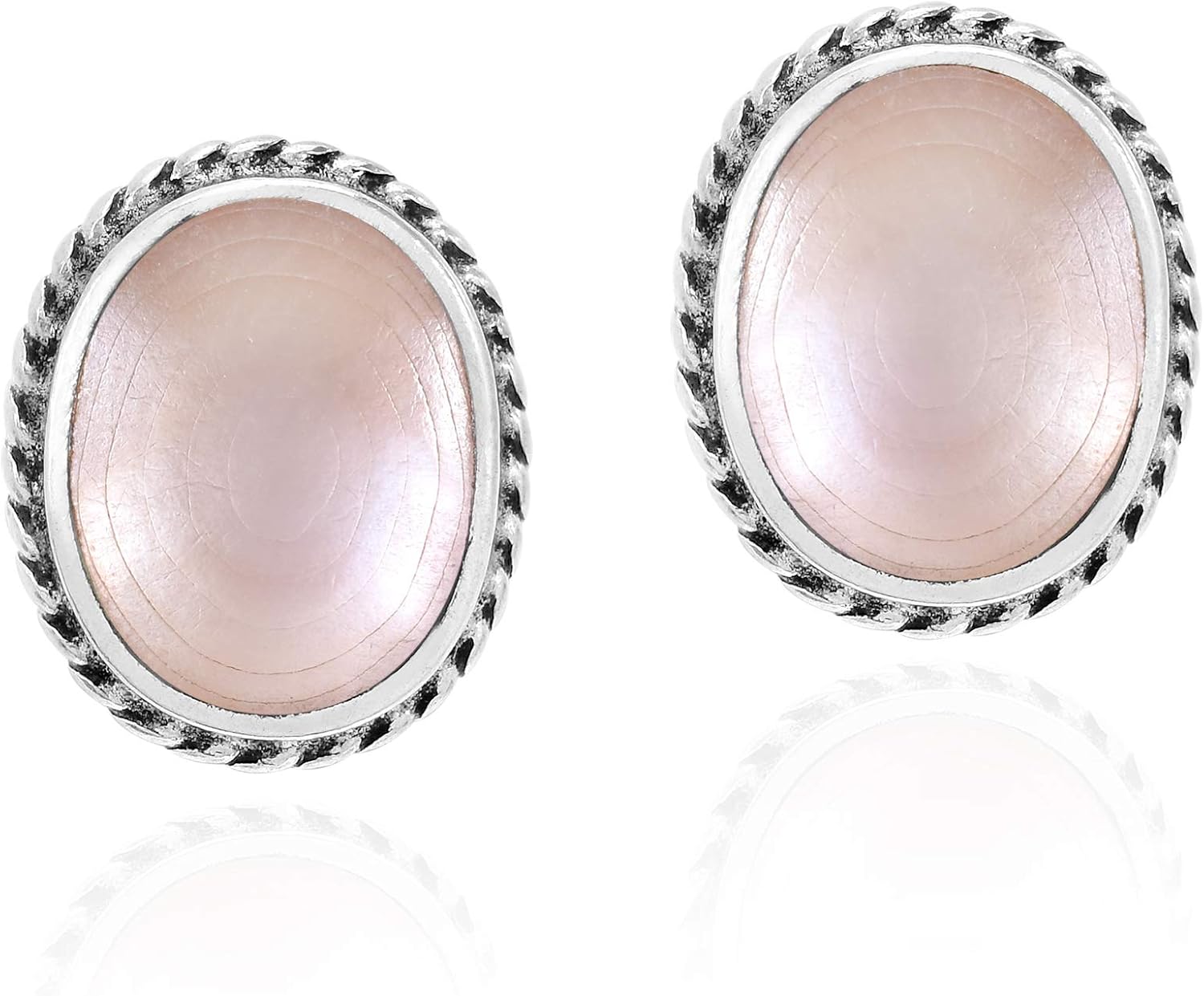 优雅粉色珍珠母椭圆形 925 纯银镶边耳钉