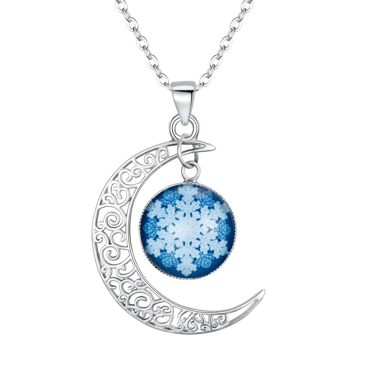 elequeen 女士 925 纯银月亮雪花荧光吊坠项链,卷链,50.8cm