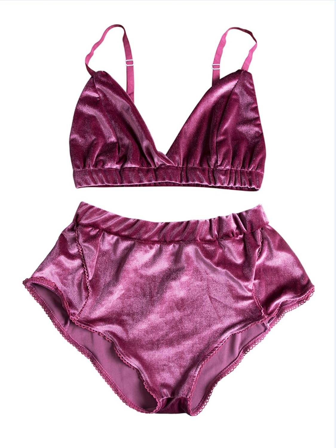 sunsiom 女式2件套复古天鹅绒内衣套装吊带文胸内衣套装