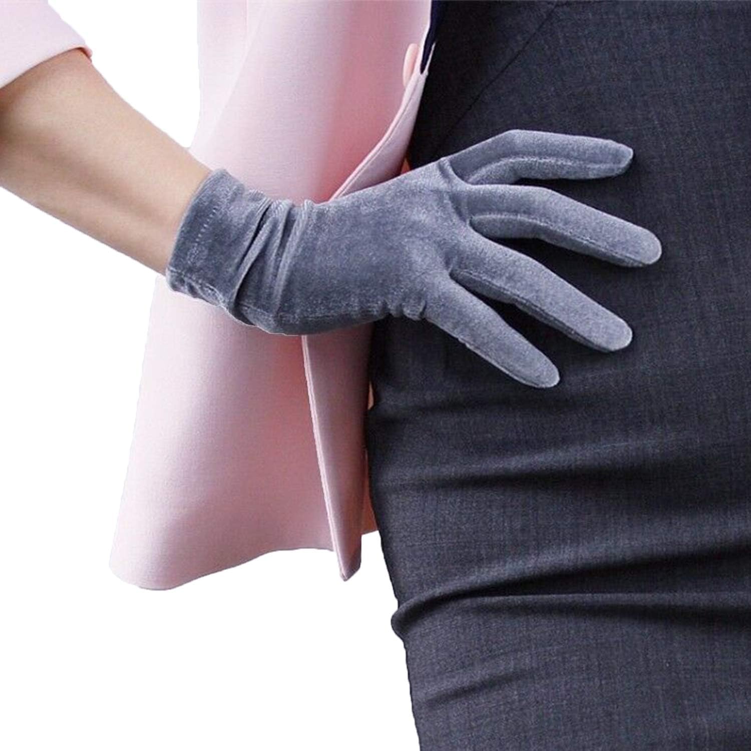 dooway 天鹅绒歌剧手套弹力银色灰色触摸屏适合1920年代女士挡板晚宴