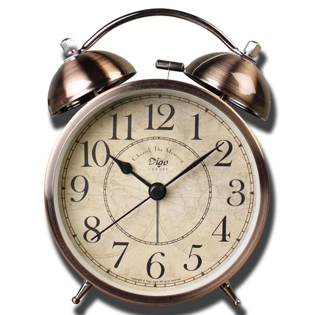 justup 复古闹钟,金属双铃经典复古桌闹钟无滴答电池供电背光高清玻璃