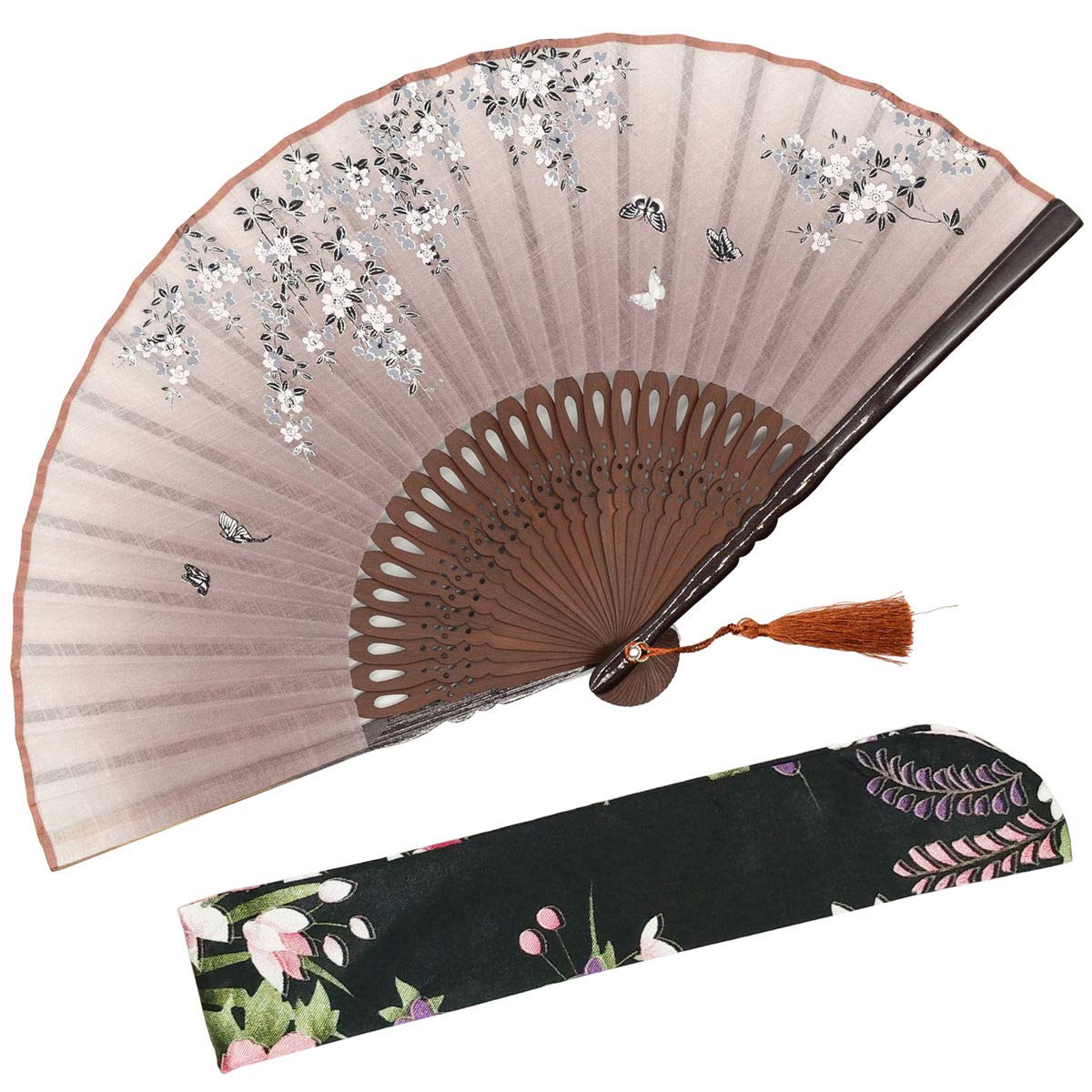 omytea "sakura love"中国/日本女士折叠手扇-带面料保护-婚礼,舞会